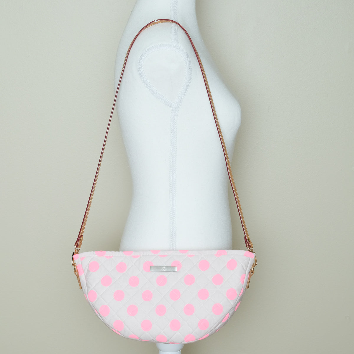 Quilted Halfmoon Crossbody Bag (Broken white, Pink Polkadot)