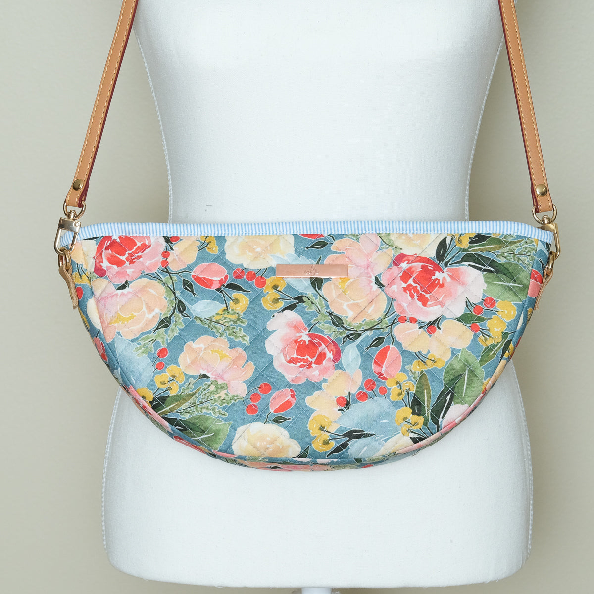 Quilted Halfmoon Crossbody Bag (Blue, Flowers)