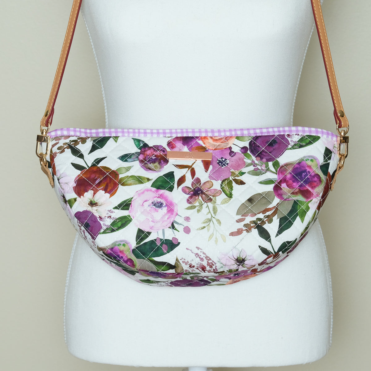Quilted Halfmoon Crossbody Bag (White, Purple Flowers)