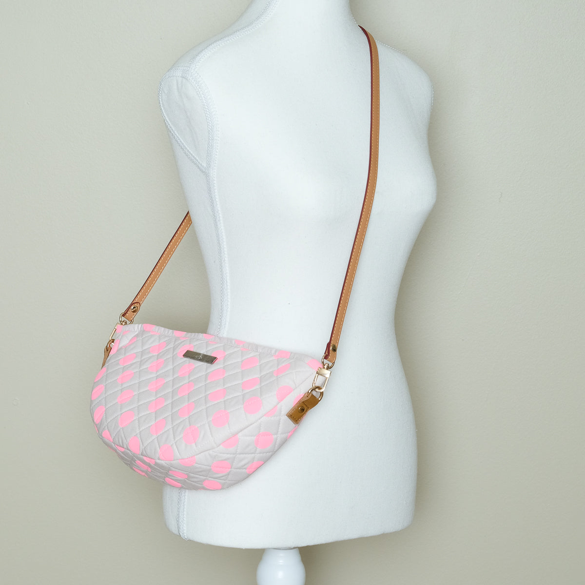 Quilted Halfmoon Crossbody Bag (Broken white, Pink Polkadot)