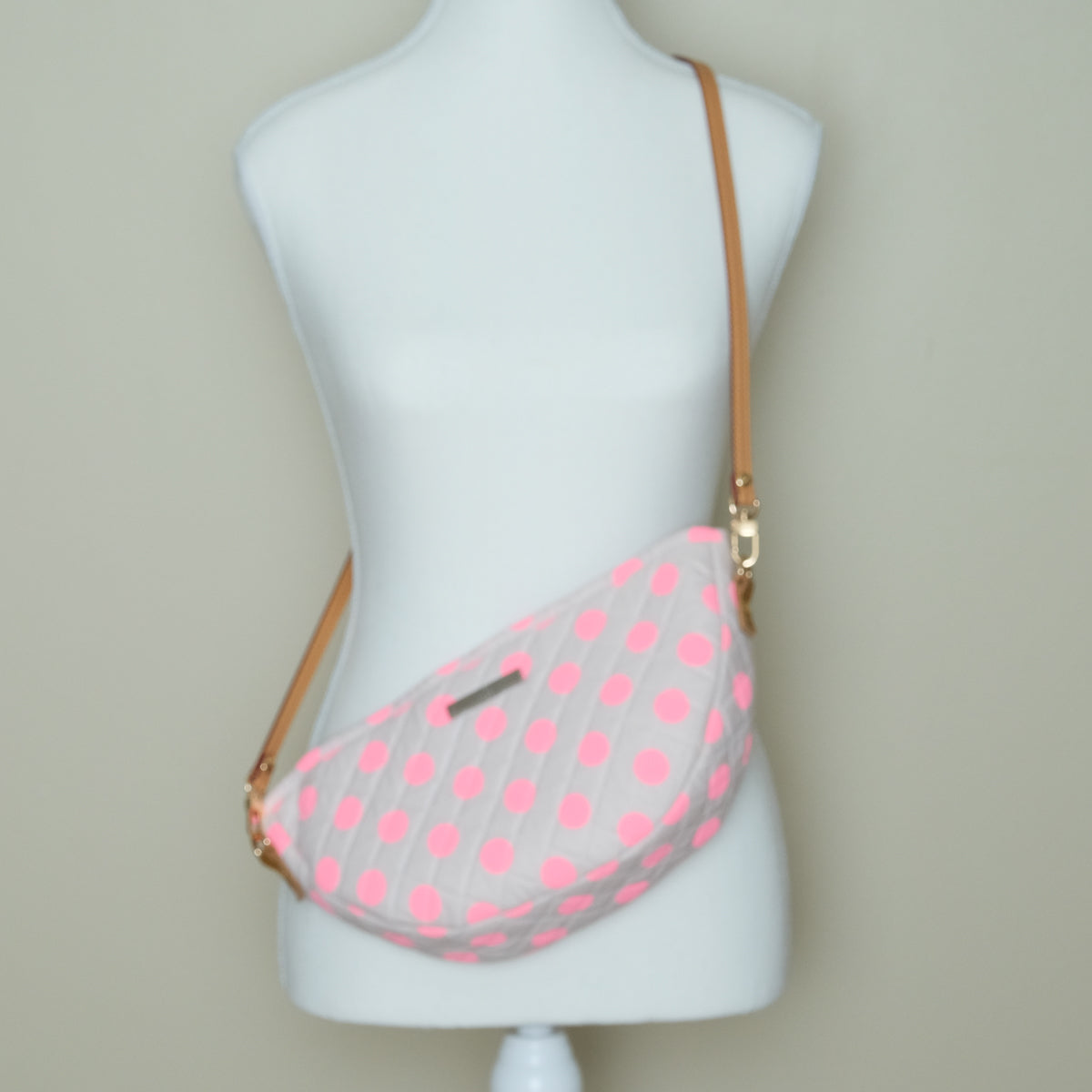 Quilted Halfmoon Crossbody Bag (Broken white, Pink Polkadot)