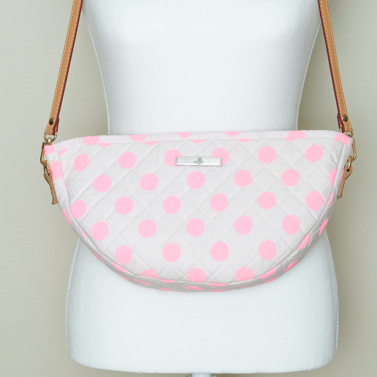 Quilted Halfmoon Crossbody Bag (Broken white, Pink Polkadot)