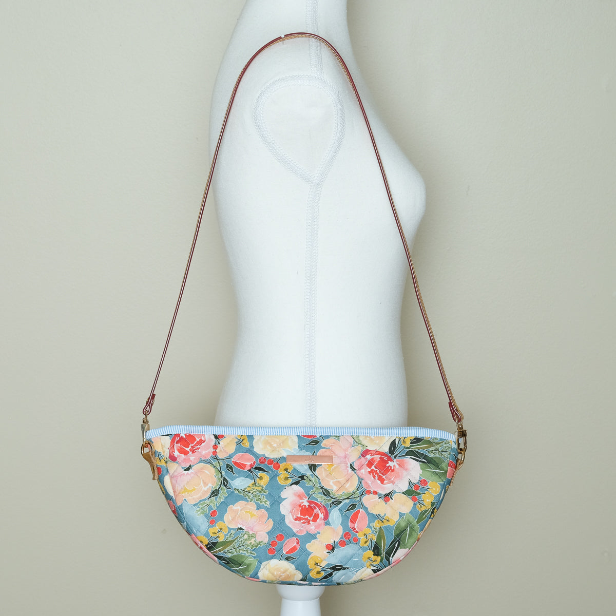 Quilted Halfmoon Crossbody Bag (Blue, Flowers)