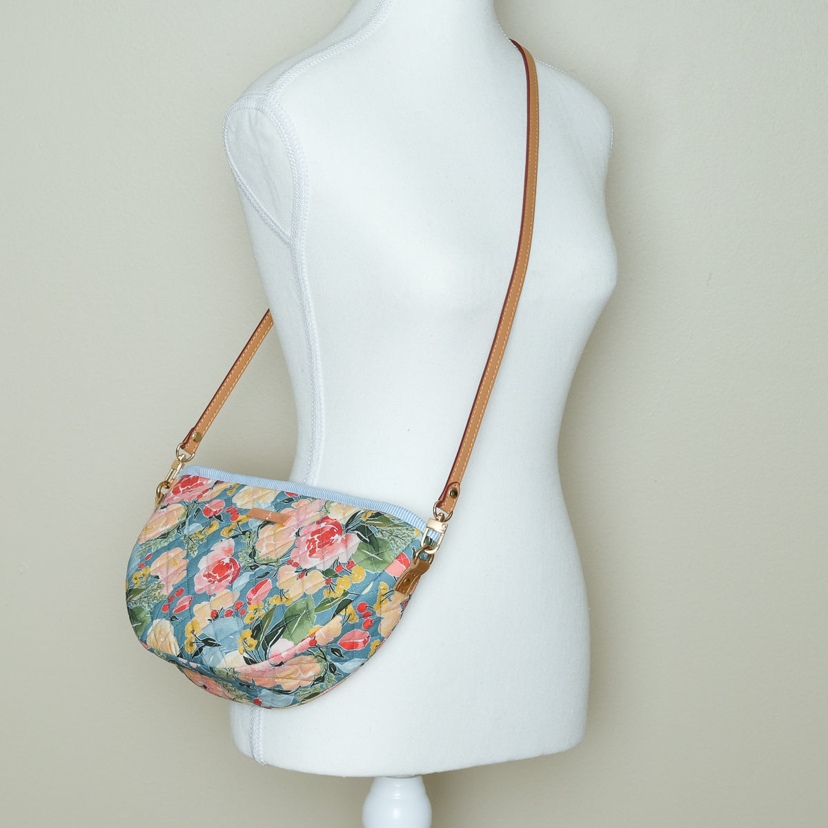 Quilted Halfmoon Crossbody Bag (Blue, Flowers)