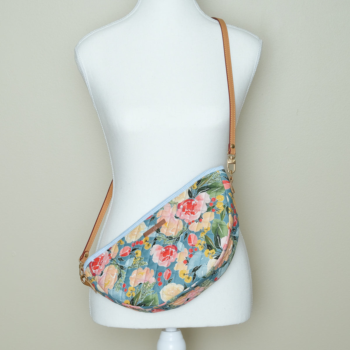 Quilted Halfmoon Crossbody Bag (Blue, Flowers)