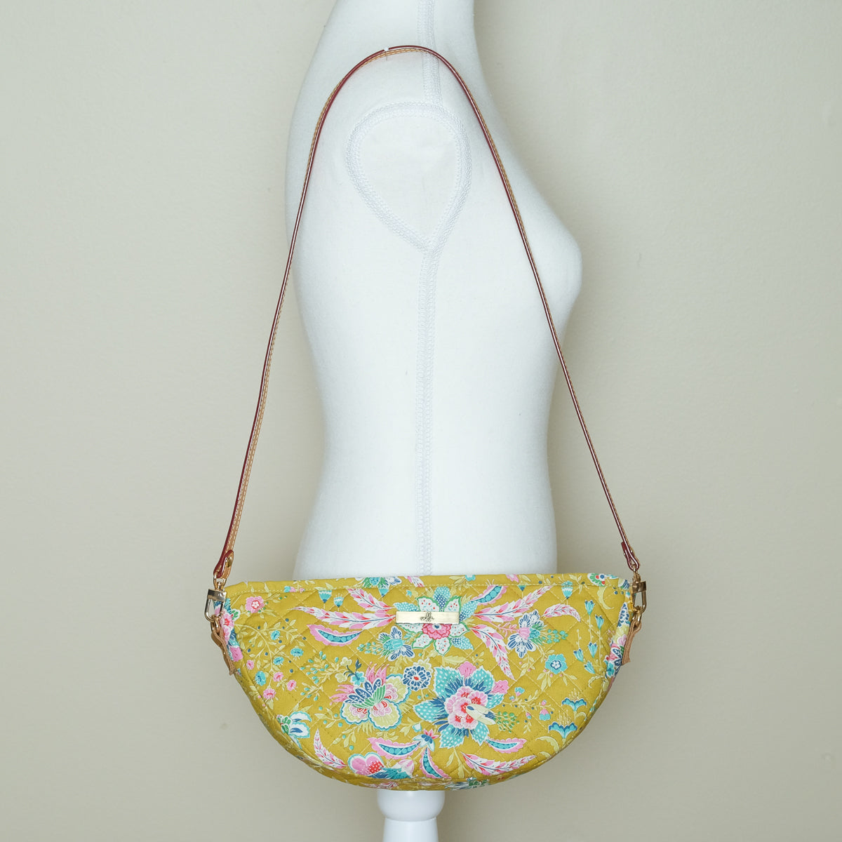 Quilted Halfmoon Crossbody Bag (Green Lime, Flowers)