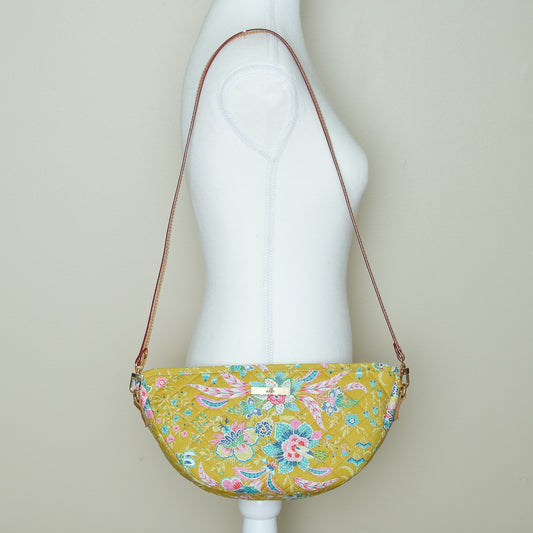 Quilted Halfmoon Crossbody Bag (Green Lime, Flowers)