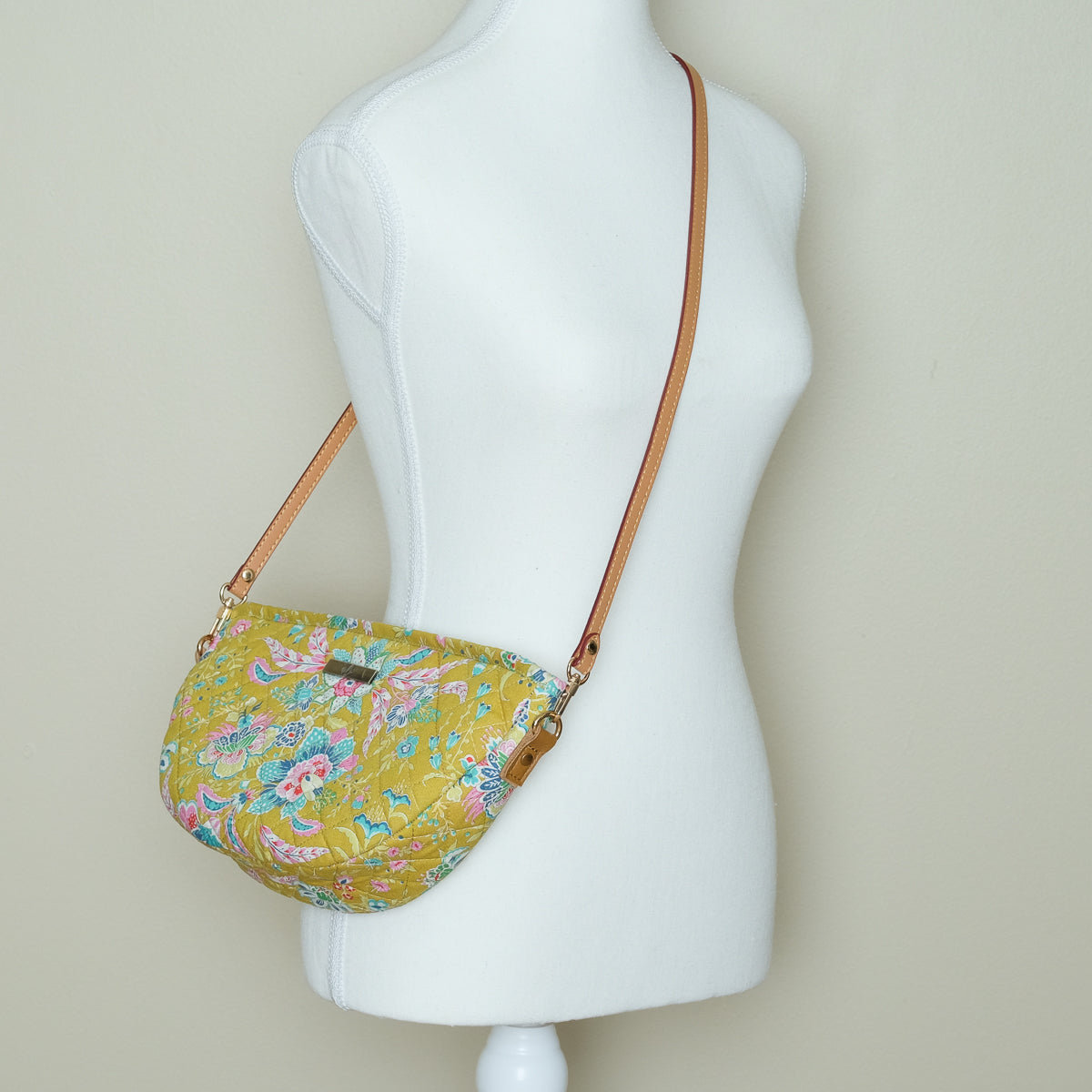 Quilted Halfmoon Crossbody Bag (Green Lime, Flowers)