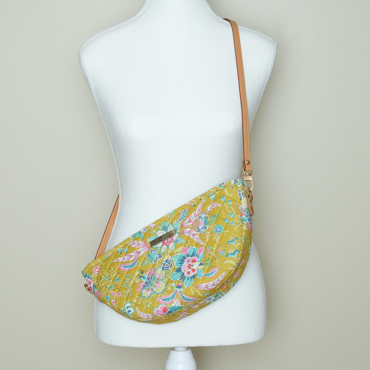 Quilted Halfmoon Crossbody Bag (Green Lime, Flowers)