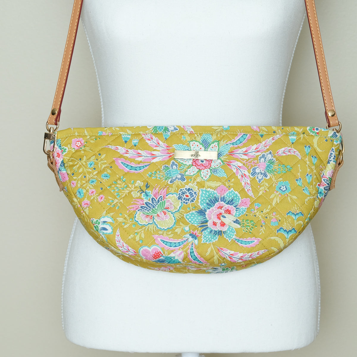 Quilted Halfmoon Crossbody Bag (Green Lime, Flowers)