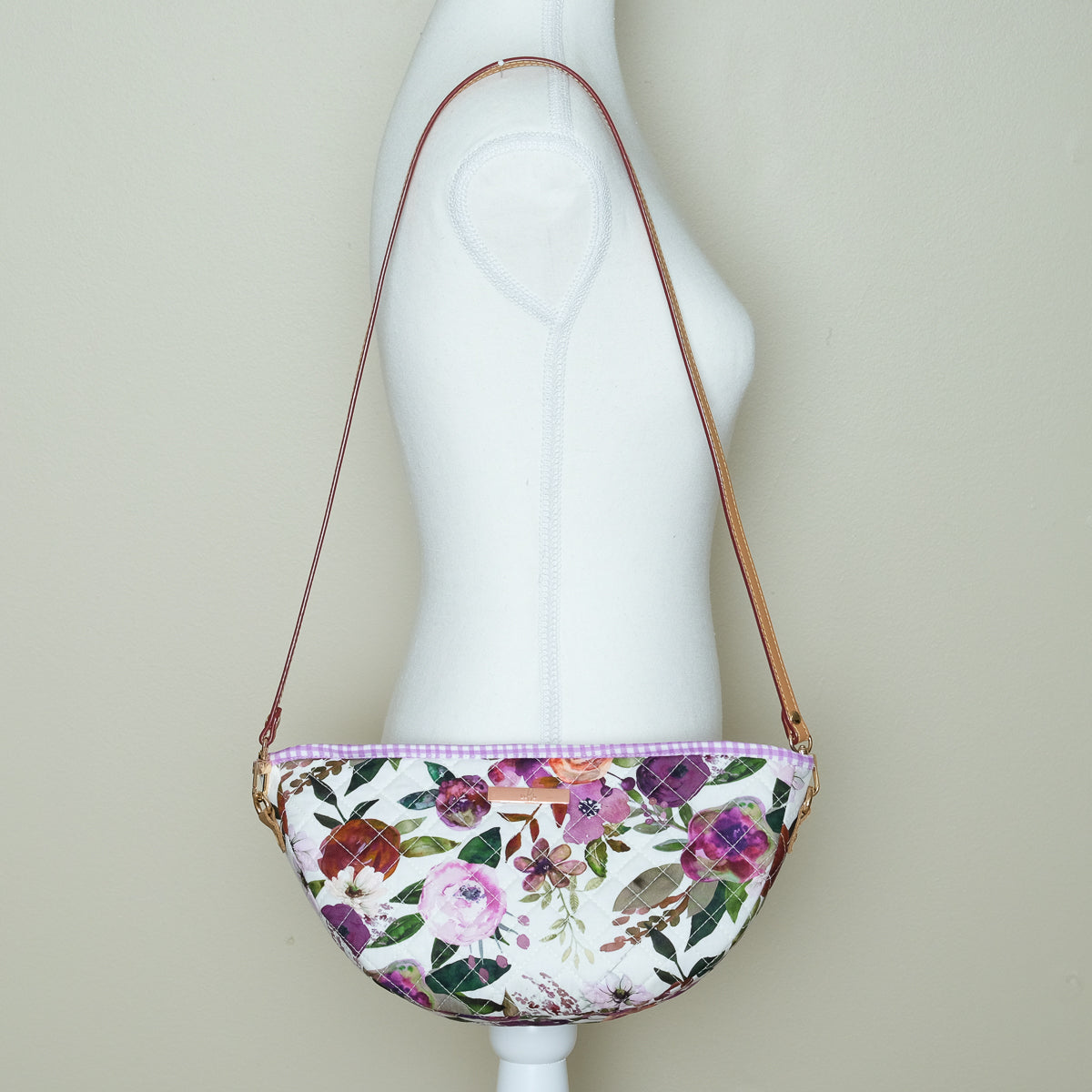 Quilted Halfmoon Crossbody Bag (White, Purple Flowers)