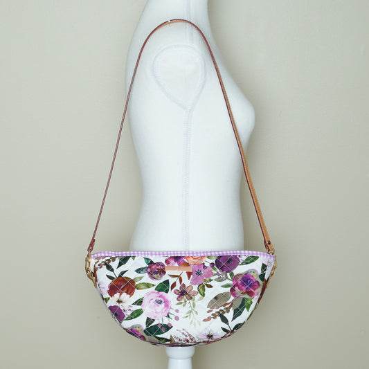 Quilted Halfmoon Crossbody Bag (White, Purple Flowers)