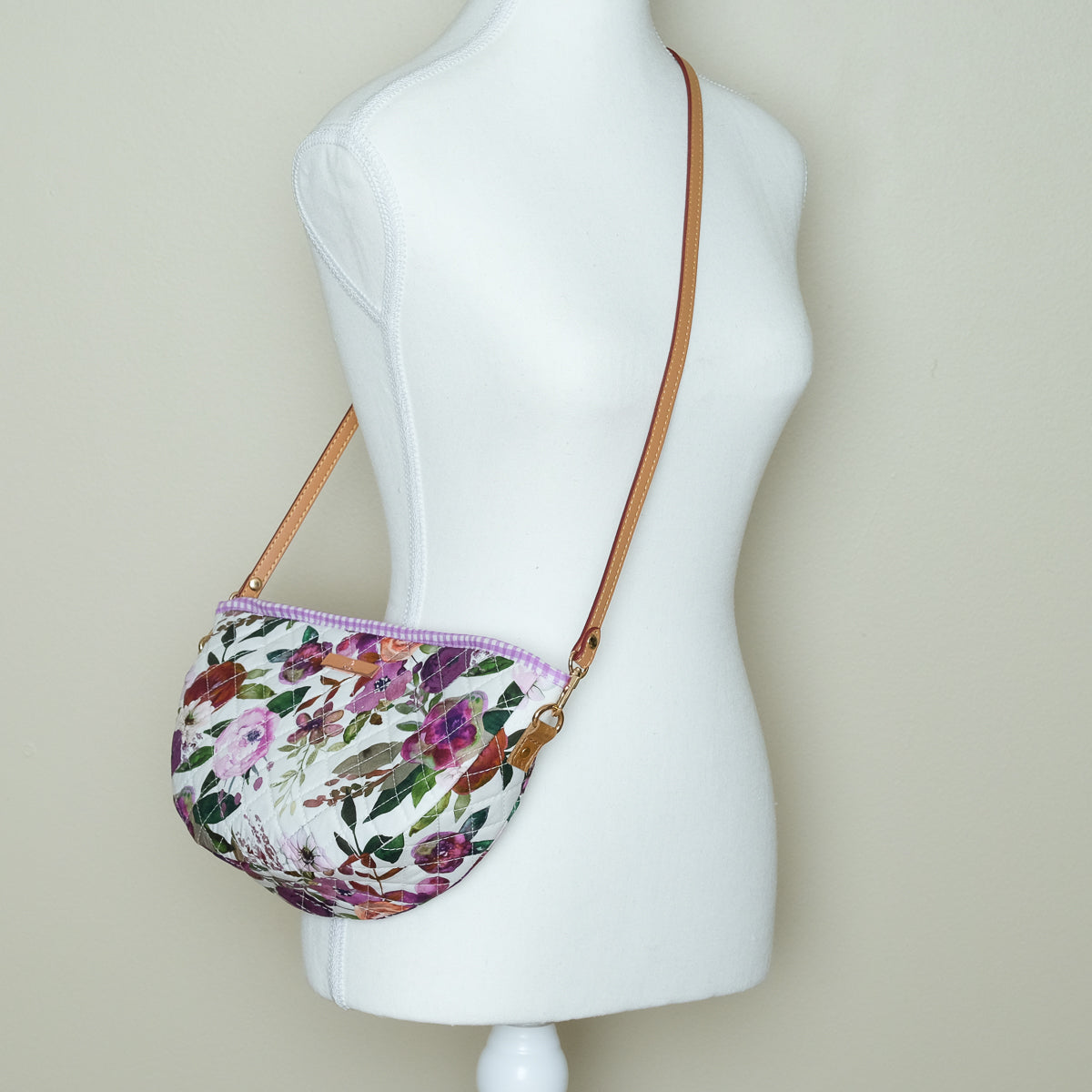 Quilted Halfmoon Crossbody Bag (White, Purple Flowers)
