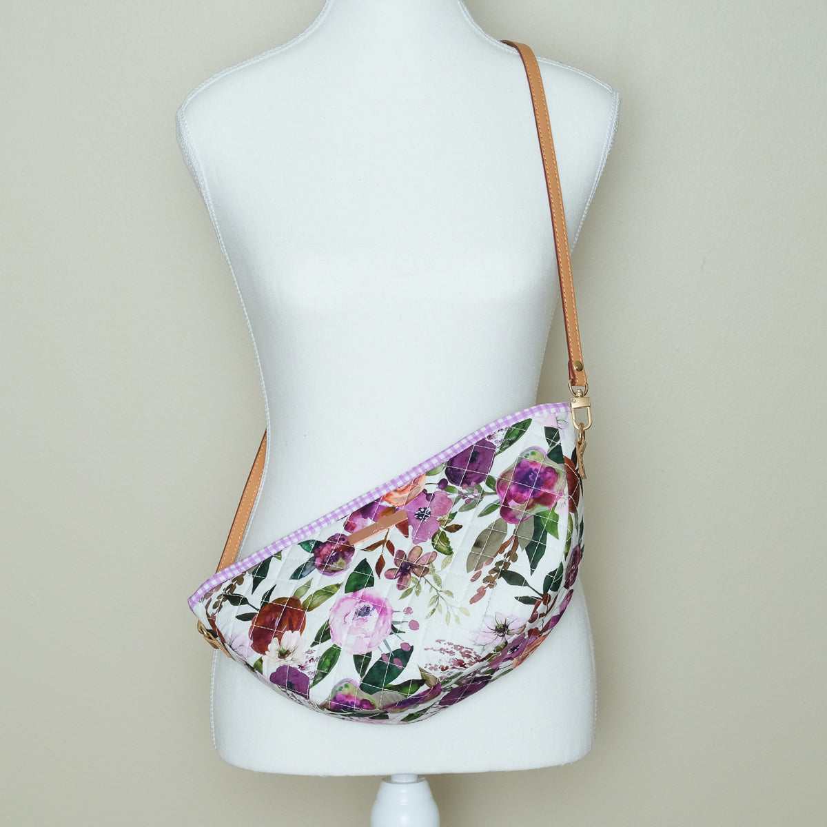 Quilted Halfmoon Crossbody Bag (White, Purple Flowers)