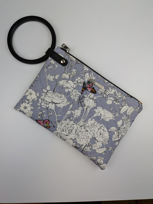 Quilted Wooden Pouch (Grey, white flowers)